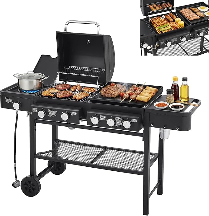 5 Burners Propane Gas Grill and Griddle Combo with Side Burner 3 in 1 Griddle Grill and Porcelain-Enameled Cast Iron Grates 56000 BTU Outdoor Cooking Barbecue Grill Black