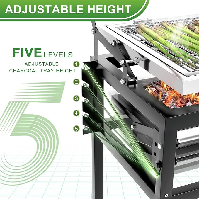 Charcoal Flip Grill for BBQ Black Barbecue Grills for Outdoor Camping Portable Tabletop Charcoal Grill with 360 Degrees Reversible Cooking Grid Removable Tray Adjustable Steel Frame