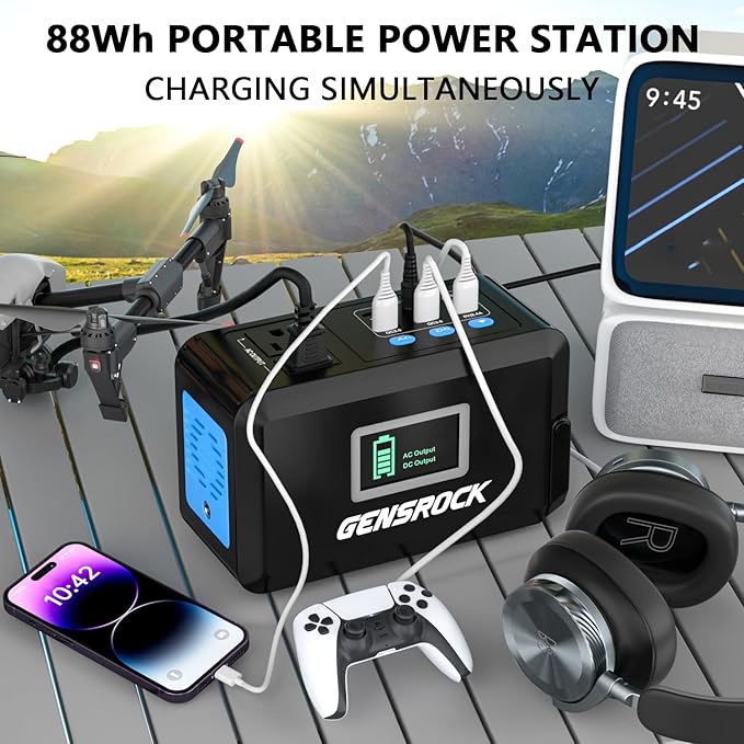 GENSROCK Portable Power Station 120W(220W Peak) 88Wh Camping Solar Generator Lithium Battery Power Bank with 2 110V AC Outlet QC 3.0 Type-C LED Flashlight for CPAP Home Camping Travel Emergency