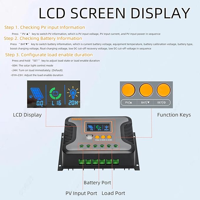 PowMr 30A 12V/24V/36V/48V PWM Solar Charge Controller w/ LCD Display USB Port for AGM Gel Flooded and Lithium Batteryfor RVs YachtsOff-Gird Max PV 100VDC360W-1440W Off-Gird Solar Controller