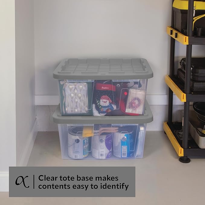 CX BLACK &amp YELLOW 27-Gallon Heavy Duty Clear Storage Bins with Lids Stackable Plastic Storage Bins with Weather-Resistant Design Home Organization 2 Pack (14.3H x 20.6W x 30.6D)