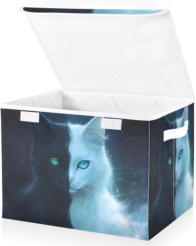 Two Face Cat Storage Cube Bins Basket with Lid Collapsible Flip-top Fabric with Handle for Home Bedroom Closet Office 16.5×12.6×11.8 in