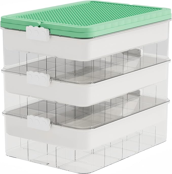 3-Tier Storage Box of Bricks for Lego PP+ABS Stackable Organizer 14.17×9.84×12.01 with Lids Green