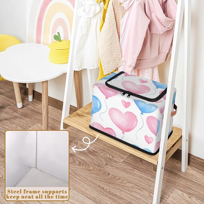 Valentine¡¯s Day Storage Bins with Zipper Lid Love Heart Balloons Fabric Lidded Storage Baskets Cubes with Handles Decorative Foldable Shelf Closet Organizer Container