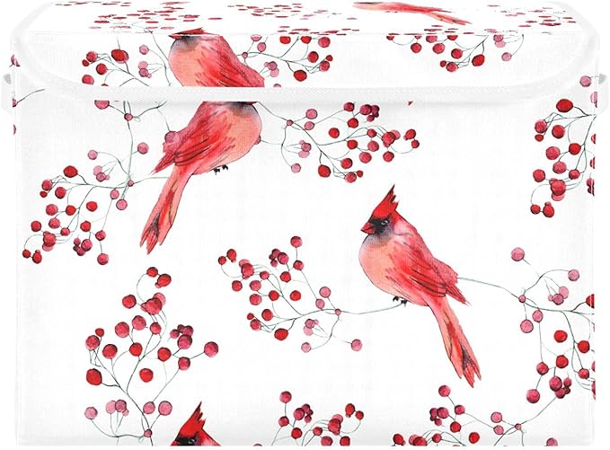 susiyo Large Foldable Storage Bin with Flip-Top Lid Cute Cardinal Birds Storage Box Collapsible Closet Organizer Containers Boxes Decorative Baskets with Handles for Home Bedroom Living Room Office