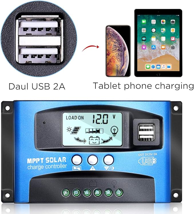 MPPT Solar Charge Controller 30A 12V/24V Auto Solar Panel Intelligent Regulator with Dual USB Port LCD Display for Lead Acid Batteries