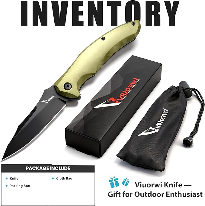 Ranger VR-09G Folding Knife - D2 Steel Blade HRC 60-65 Premium EDC Pocket Knife with Textured Olive Green Aluminum Handle Solid Liner Lock &amp Deep Carry Clip for Camping Fishing Hiking Work &a