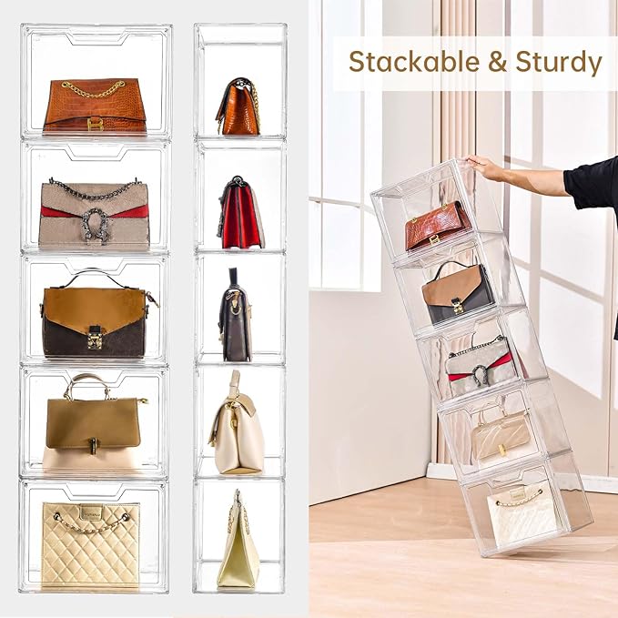 3 Pack Clear Storage Bins with Lids Storage Containers with Magnetic Door Stackable Acrylic Display Case for Handbags Cosmetic Multifunctional Storage Boxes for Dorm Living Room Bedroom Storage