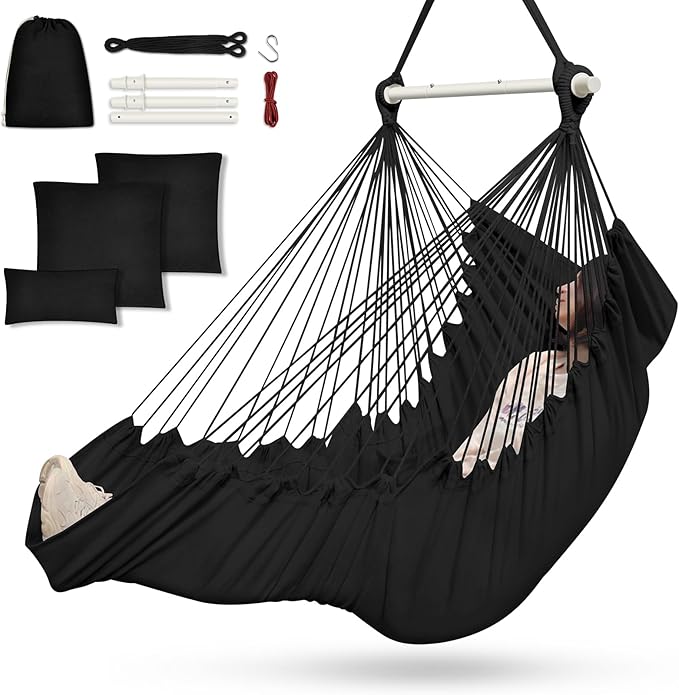 Outerman Hammock Chair Hanging Chair with 3 Cushions and Foot Rest Support Sturdy Metal Spreader Bar Max 500Lbs Swing Chair for Bedroom Indoor &amp Outdoor Patio Porch or Tree（Black）…