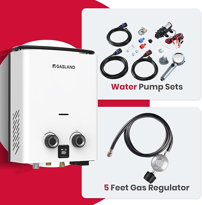 GASLAND Goshower G5 Pro Portable Propane Tankless Water Heater – 1.32 GPM 34000 BTU With Water Pump &amp Strainer Ultra-Slim 5L for Camping Off-Grid Outdoor Shower