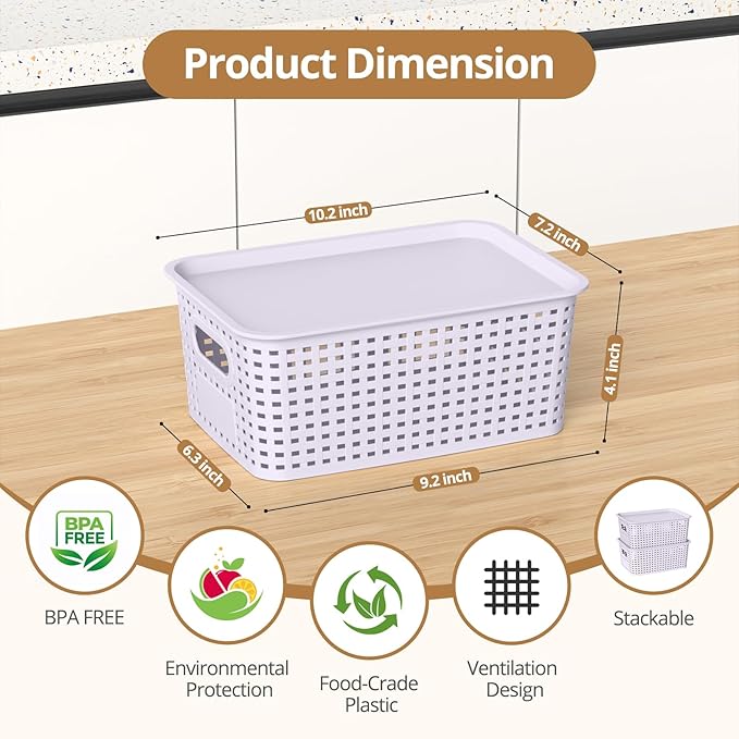Plastic Storage Basket with Lid Stackable Small Box Bins for Organizing and Containers for Shelves Drawers Desktop Closet Playroom Pantry Classroom Office Home 8 Pack 10.2x7.2x4.1 Lavender