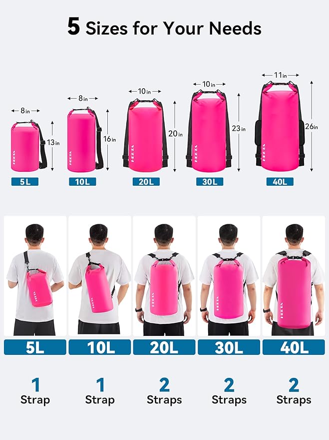 HEETA Waterproof Dry Bag with Phone Case Bundled with Upgraded Version with Emergency Whistle for Women Men Roll Top Lightweight Dry Storage Bag Backpack (Pink 5L)