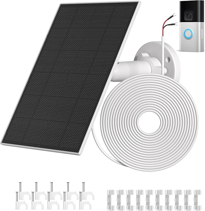 Solar Charger with 5200mAh Built-in Battery for Ring Doorbell 4W Continuous Power Solar Panel Compatible with Ring Battery Doorbell Plus/Pro &amp Video Doorbell 4/3/3 Plus 13.1Ft Charging Cable