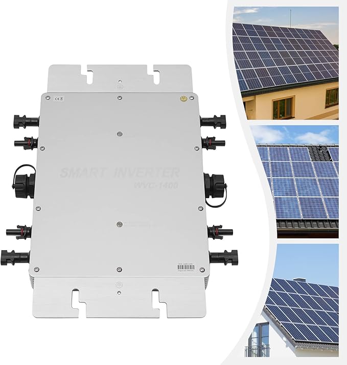 1400W Micro Inverter Grid Tie Solar Inverter MPPT Pure Sine Wave Automatic Identification Power Inverters IP65 Waterproof Self-Cooling for 30V/36V Solar Panels Silver