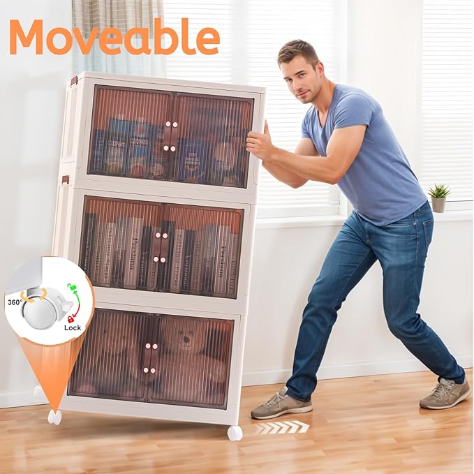 95 QT (285 QT Total) Stackable Storage Bins with Doors – 3 Tier Plastic Cabinet with Doors – Magnetic closure Foldable Storage Bins with Lids &amp Wheels –Collapsible Organizer with Leather Handles