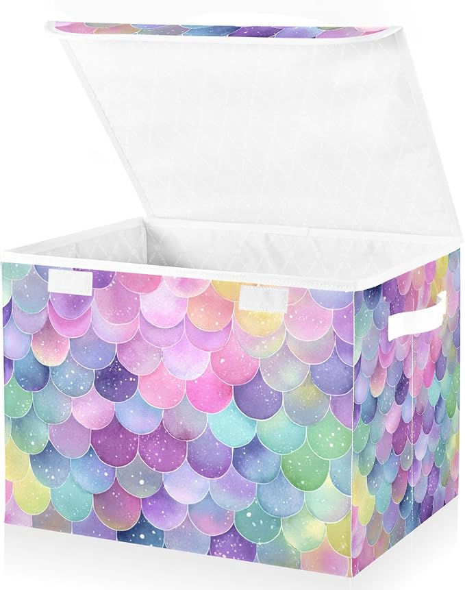 Collapsible Storage Bins with Lids Decorative Fabric Storage Cubes Closet Organizer and Storage Basket Boxes Containers for Clothes Box Chest Nursery Folding Rectangle Purple Mermaid Scale