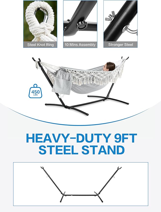 PNAEUT Handmade Tassel Hammocks Double Hammock with Stand for Outside Max 450 lbs Capacity Pillow &amp Storage Bag Included (Grey)