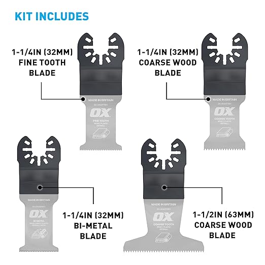 OX Premium Oscillating Tool Blades 4 Pack – Multitool Blades Kit for Wood Plastic Drywall - Two Coarse One Fine One Bi-Metal Blades – Universal Fit Oscillating Saw Blades Fit Most Oscillating Saws