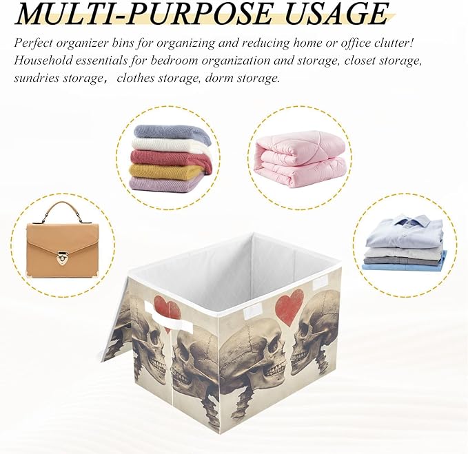 AIXIWAWA Lidded Storage Cube (Heart Skull) Fabric Foldable Closet Bins with Flip Lid and Handles Organizer Basket Container 16.5 x 12.6 x 11.8 IN
