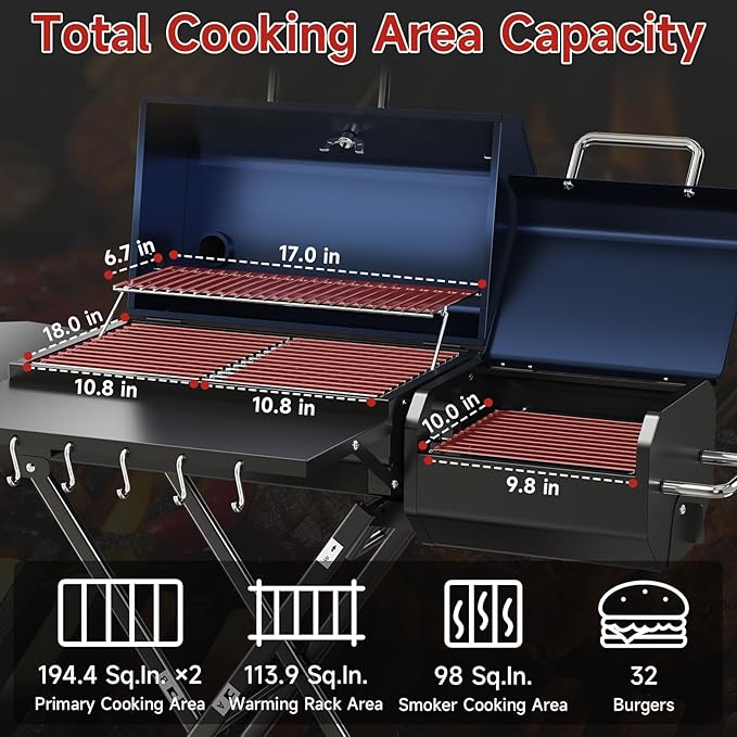 Portable Charcoal Grill with Smoking Function Foldable Suitcase Design with Wheels Multi-Tier Storage Rack &amp Waterproof Cover for Outdoor BBQ Parties (Blue)