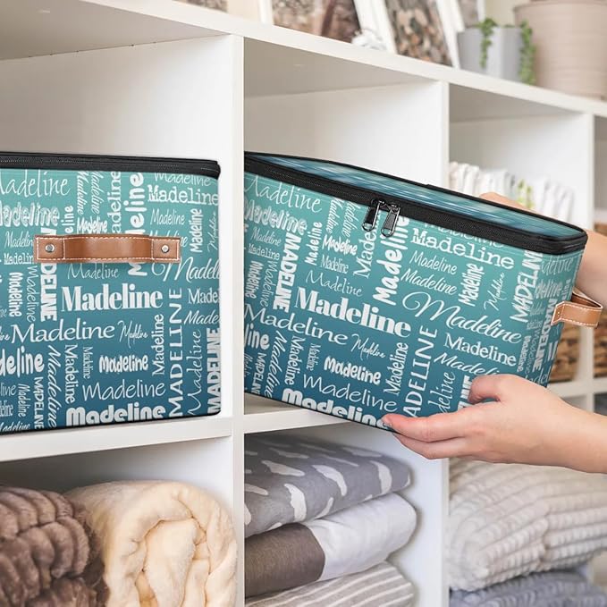 Custom Storage Basket with Name Personalized Keepsake Box with Zipper Lid Foldable Fabric Memory Bin Large capacity with Handle Gradient Grey Green