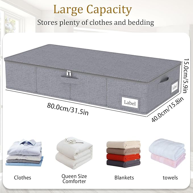 Yawinhe Foldable Underbed Storage Bags Containers Bin with Lids Large Under Bed Organizer Box with Sturdy Zipper und Label Holders for Clothing 31.5''Lx15.7''Wx6''H 4 Pack Grey