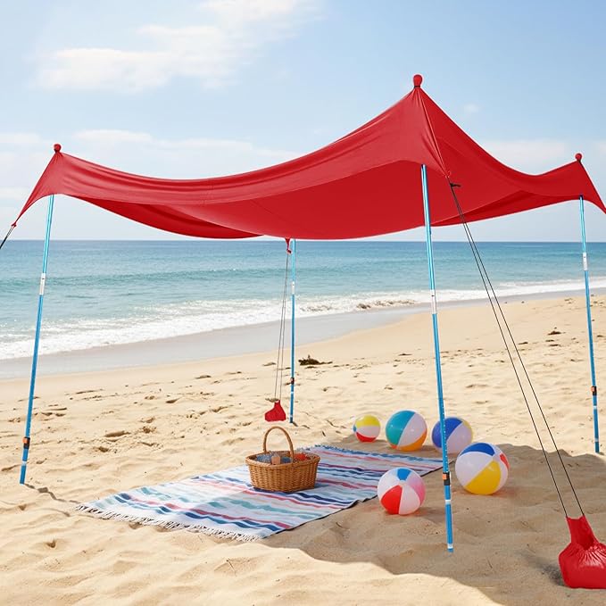 CROWN SHADES 10x10 Beach Tent Sun Shelter Easy Pop Up Beach Canopy Shade Portable Outdoor Carpas UPF50+ Includes 4 Poles Adjustable Aluminium Extra-Large Big Sand Shovel Red
