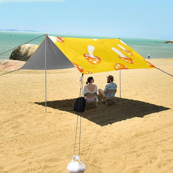 xigua Mushroom Beach Tent Sun Shelter with Carrying Bag - Silver Coated Oxford Fabric Beach Canopy for Beach Camping Fishing - Includes Windproof Ropes Sandbags &amp Stakes