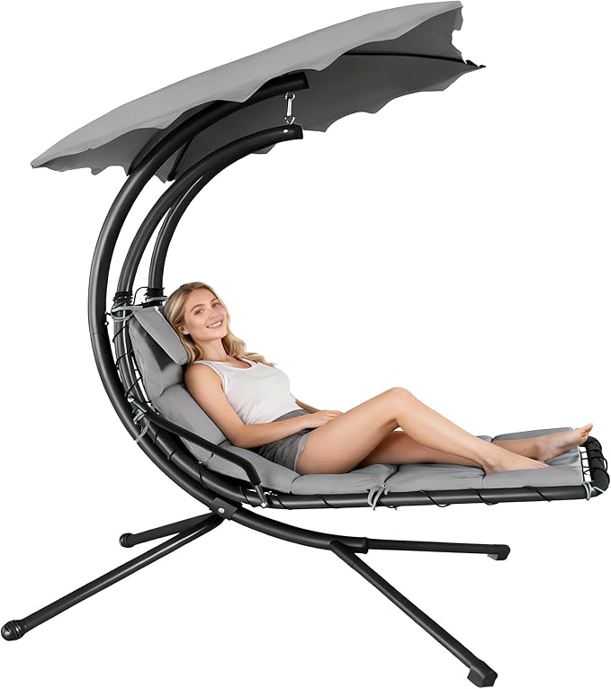GarveeLife Chaise Lounger Swing Chair with Umbrella Canopy Patio Hanging Chaise Lounger Chair with Stand Curved Steel Outdoor Lounge Chairs for Indoor Patio Pool Garden Backyard Porch