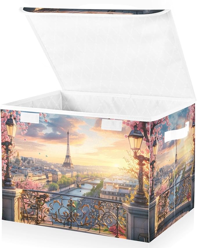 ALAZA Storage Bins Organizer Box Baskets Lidded Clothes for Shelves Closet Paris Spring Collapsible Stackable Storage Cubes Handles