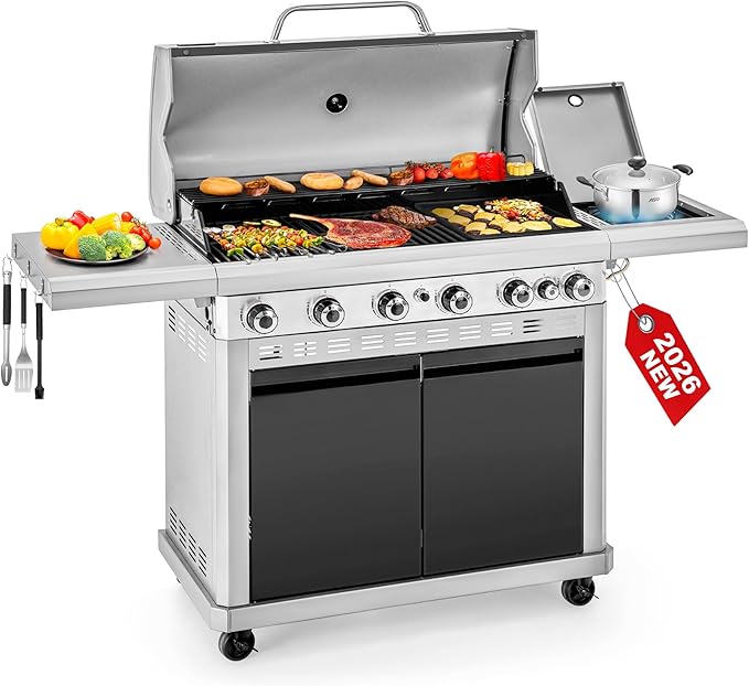2 in 1 Propane Griddle Grill Combo 6-Burner Propane Gas BBQ Grill with Porcelain-Enameled Cast Iron Grates &amp Plate 42000 BTU Combo Grill with Side Stove for Outdoor Cooking Camping Patio Backya