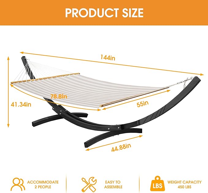 Lazy Daze Hammocks 12 FT 2 Person Double Quick Dry Textilene Hammock with Curved Steel Heavy Duty Stand for Outside Backyard Patio 450 Lbs Capacity Beige White Stripes