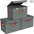 Univivi Heavy Duty Fabric Storage Bins with Lid Large 17 10 Gallon Stackable Storage Cube with Leather Handles Decorative Storage Boxes with Lids for Bedroom Closet Nursery Office 3-Pack(Grey)