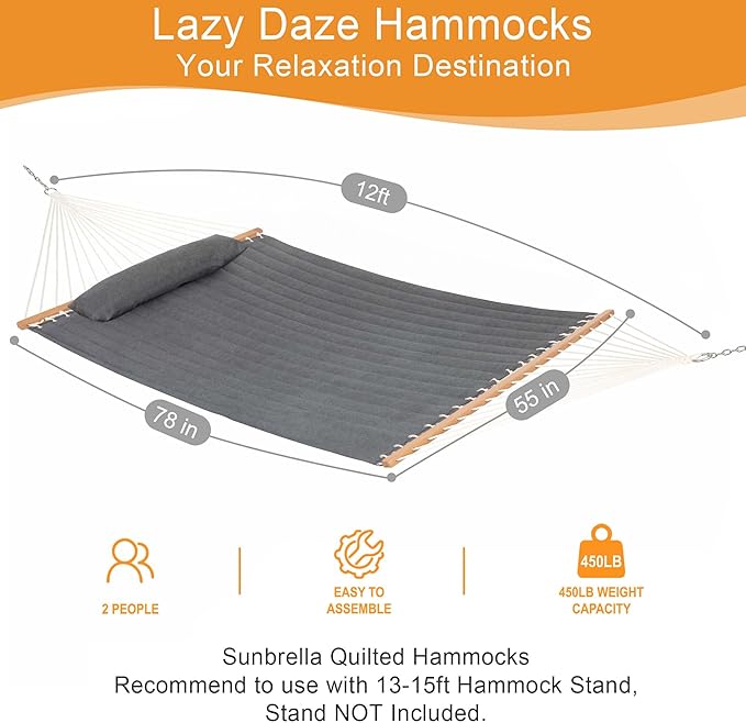 Lazy Daze Hammocks 12 FT Sunbrella Fabric Quilted Hammock Double Sunbrella Quilted Hammock with Spreader Bars &amp Pillow All Weather and Fade Resistant for Outdoor 450 lbs Capacity Cast Slate