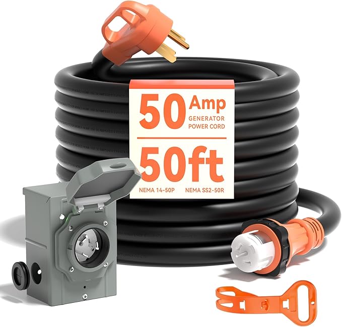 50 Amp Generator Cord 50FT and Power Inlet Box Pre-Drilled 50 Amp Generator Inlet Box with Cord NEMA 14-50P to SS2-50R Waterproof Cable Combo Kit 125/250V ETL Listed