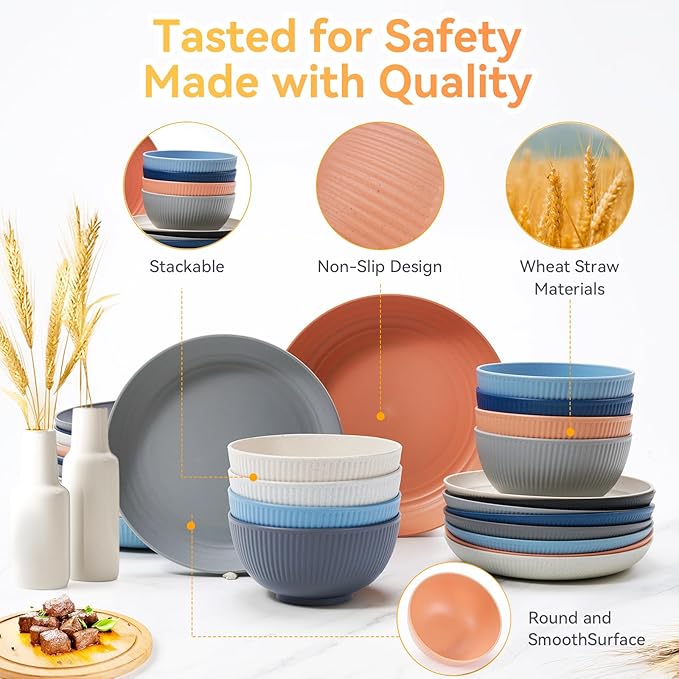 Wheat Straw Dinnerware Sets64-Piece Plates and Bowls Sets for 8-UnbreakableReusable Plastic Dish Set-Dinner Plate/Dessert Plate/Cereal Bowl/Cup/Utensils-Microwavable Dishwasher Safe 64P-Deep Gray