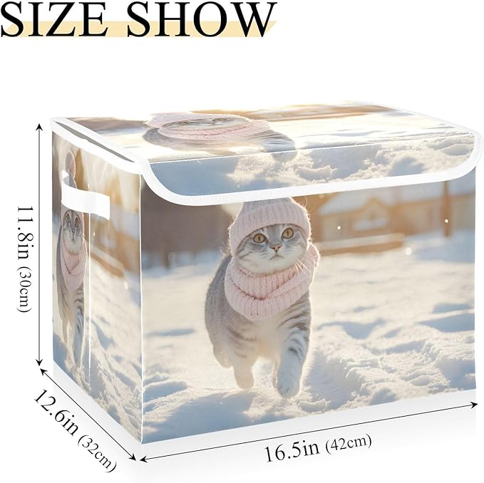 AIXIWAWA Lidded Storage Cube (Winter Cute Cat) Fabric Foldable Closet Bins with Flip Lid and Handles Organizer Basket Container 16.5 x 12.6 x 11.8 IN