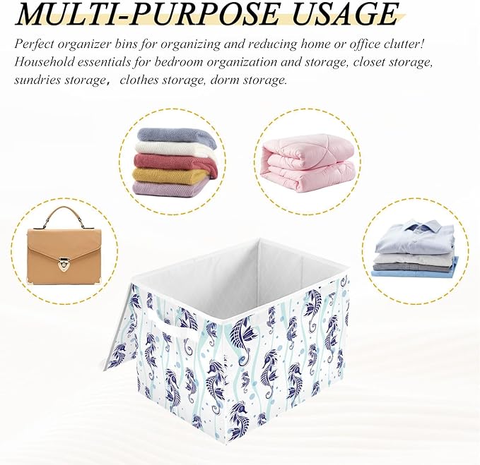 susiyo Large Foldable Storage Bin with Flip-Top Lid Blue Seahorse Storage Box Collapsible Closet Organizer Containers Boxes Decorative Baskets with Handles for Home Bedroom Living Room Office