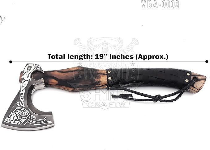 SHINY CRAFTS® Handcrafted Decorative Viking Axe with Leather-Wrapped Handle &amp Sheath – Engraved Blade – Ceremonial Collectible Gift for Men History Buffs Cosplay &amp Display (VBA-03)