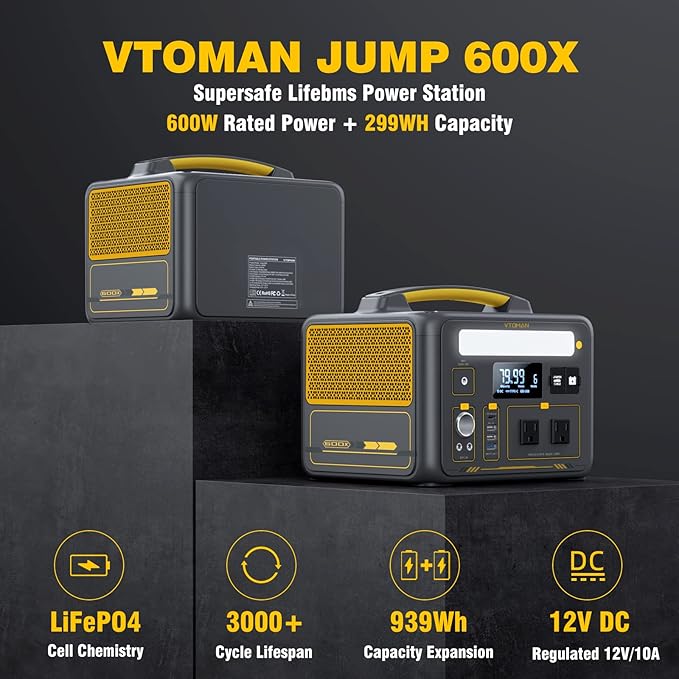 VTOMAN Jump600X 600W Portable Power Station with 640Wh Extra Battery 939Wh Solar Generator LiFePO4 Battery Peak 1200W AC Outlet PD 60W USB-C 3x12V/10A DC for Outdoor Camping Off-grid Home Backup