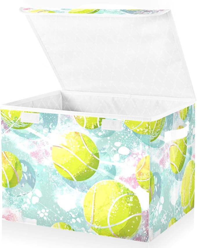 Yellow Blue Pink Tennis Fresh Storage Box with Lid 1 PC Foldable Storage Bin with Lids Stackable Storage Bins Cube Closet Organizer Basket with Flip-Top Lid &amp Handles for Shoes Books Towels