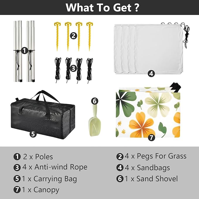 St Patrick's Clovers Green Orange Beach Tent Sun Shelter Set UPF50+ UV Protection 10.5 x 9.19 FT Camping Shade Canopy with Sandbags Sand Anchors Carrying Bag and Others