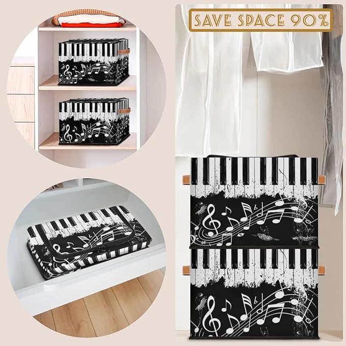 Music Note Ballet Storage Bins with Zipper Lid Collapsible Fabric Storage Basket with Leather Handles Closet Shelf Cloth Organizer Basket for Nursery Bedroom Clothes Toy