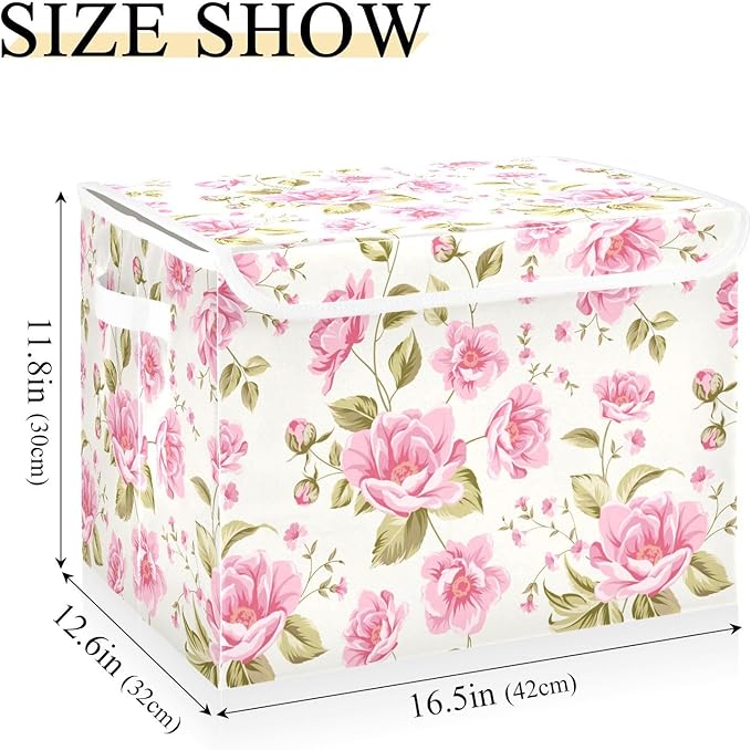 Storage Box Rose Flower Floral Closet Storage Bins with Lids Foldable Oxford Fabric Storage Box for Home Bedroom Closet Office (16.5x12.6x11.8 in)