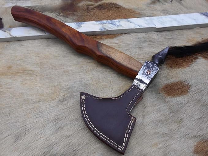 Damascus Depot Voyager Axe 15 Inches Long High Carbon Steel with Axe Head wit Walnut Wood Round Handle Bearded Hiking Battle Axe Thick Cow Hide Leather Sheath