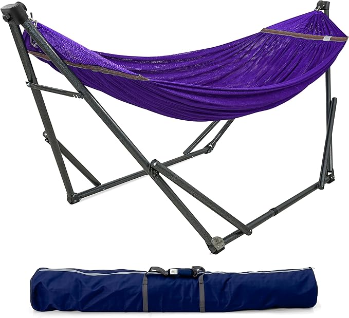Tranquillo Collapsible Hammock Stand Folding Camping Hammock and Stand 600 lbs Capacity Double Hammock Stand for 2 Persons Heavy Duty Folding Hammock for Indoor Outdoor Quick Assembly Purple