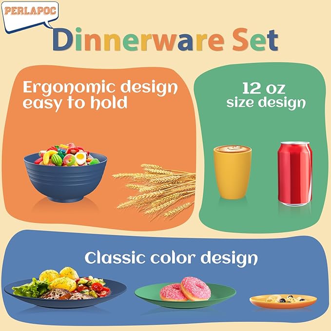 Wheat Straw Dinnerware Set 40 PCS - Service for 8 | Plates and Bowls Sets | Unbreakable Dishes Set - Dinner Plates Dessert Plate Cereal Bowls Drinking Glasses Dishwasher Safe - Multi