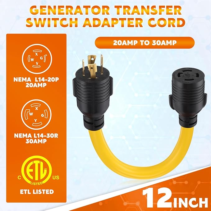 Kanayu NEMA L14-20P to L14-30R 20amp to 30amp Generator Adapter Cord 4 Prong Locking Generator 20amp Male Plug to 30amp Female Receptacle Adapter 1 ft