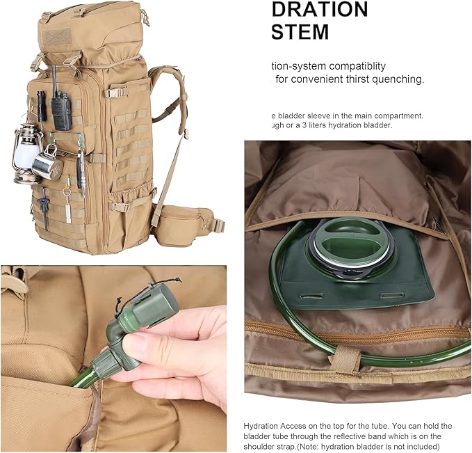 Zsearaymy 75L Hiking MOLLE Backpack with Internal Frame &amp Rain Cover for Tactical Camping Backpacking Survival Travel (TAN)