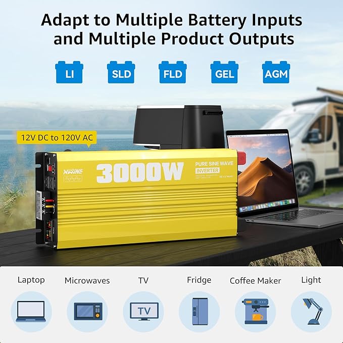XWJNE 3000W Pure Sine Wave Power Inverter 12V DC to 120V AC Converter with LED Display and Remote Controller for Home RV Truck Off-Grid Solar Power